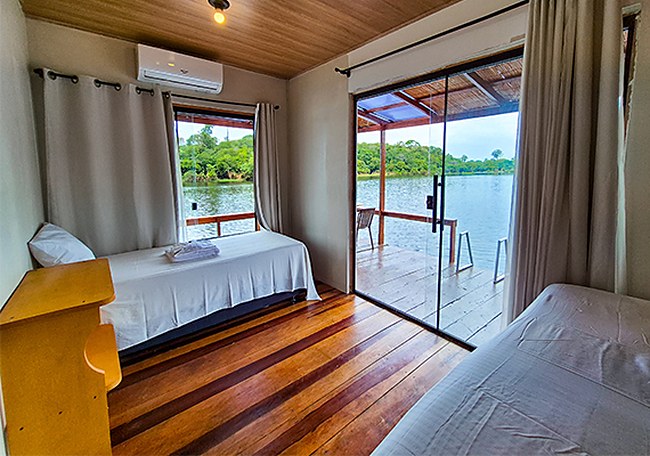 Eco Floating Lodge room facing the lake in the Amazon rainforest near Manaus
